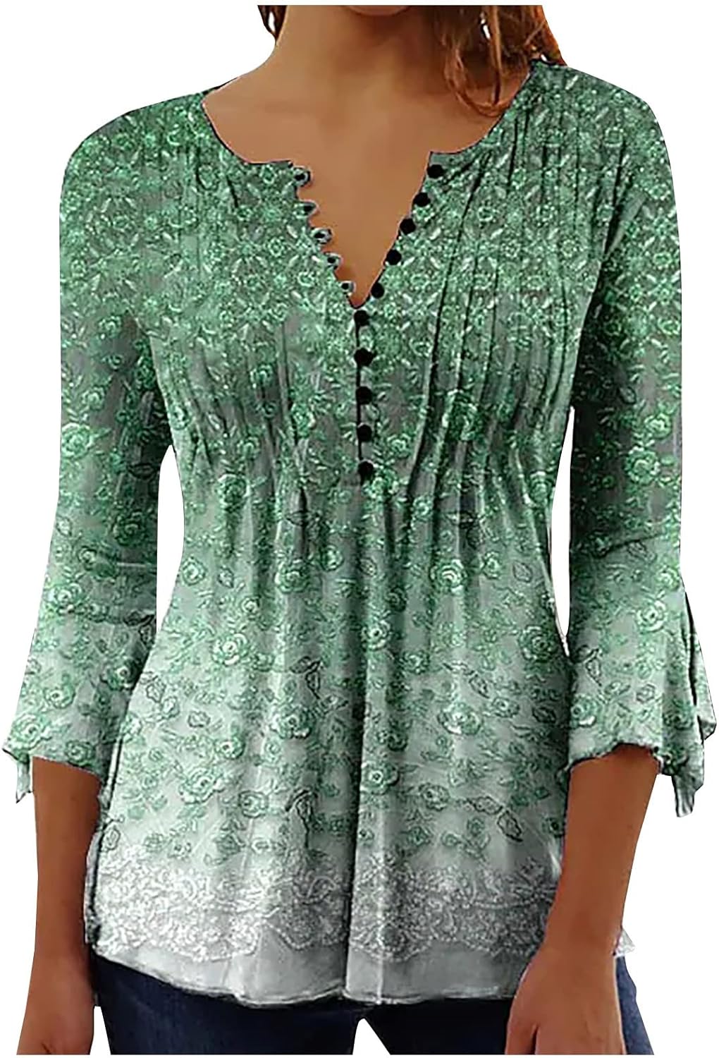 Summer Time Tops For Girls 2024 Fashionable Boho Floral Print Tunic Shirts 3/4 Bell Sleeve Button V Neck Tshirt Blind Reduce Shirt