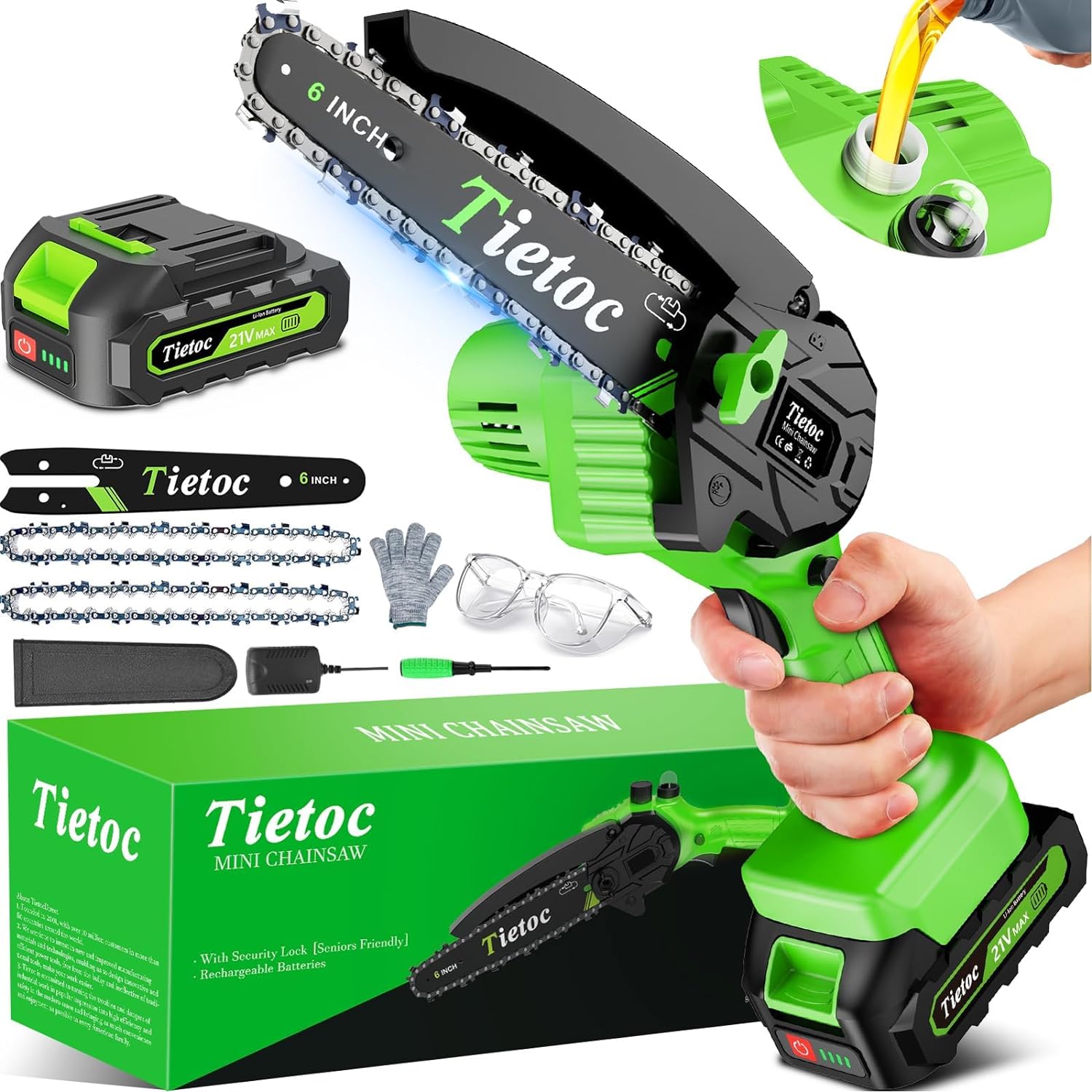 Tietoc Tiny Chainsaw Cordless 6 Inch [Gardener Friendly] Tremendous Hand-Held Rechargeable Chain Noticed With Safety Lock & Auto Oiler-Gadget, Miniature Electrical Chainsaws Battery Powered For Log/Bushes Reducing