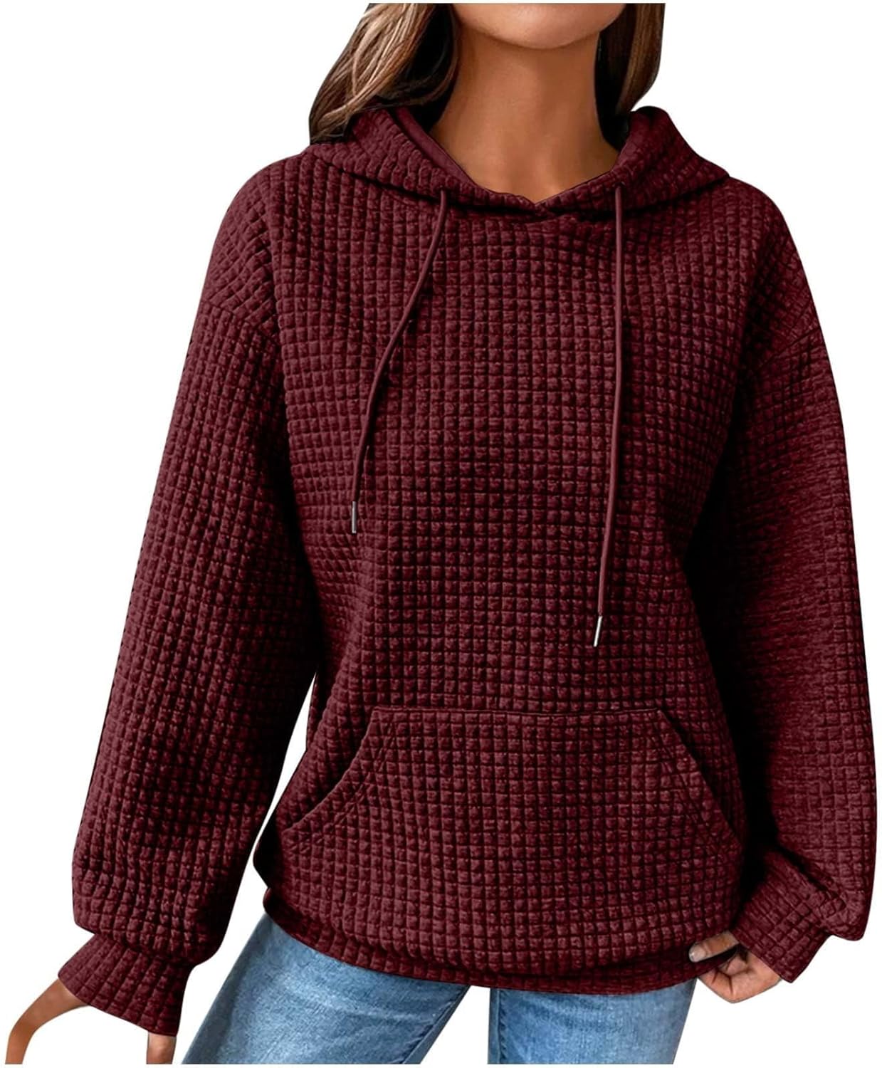 Autumn&Iciness Hoodies For Ladies Waffle Pullover Blind Let Fall Hooded Sweatshirt With Area Lengthy Sleeve Drawstring Tops