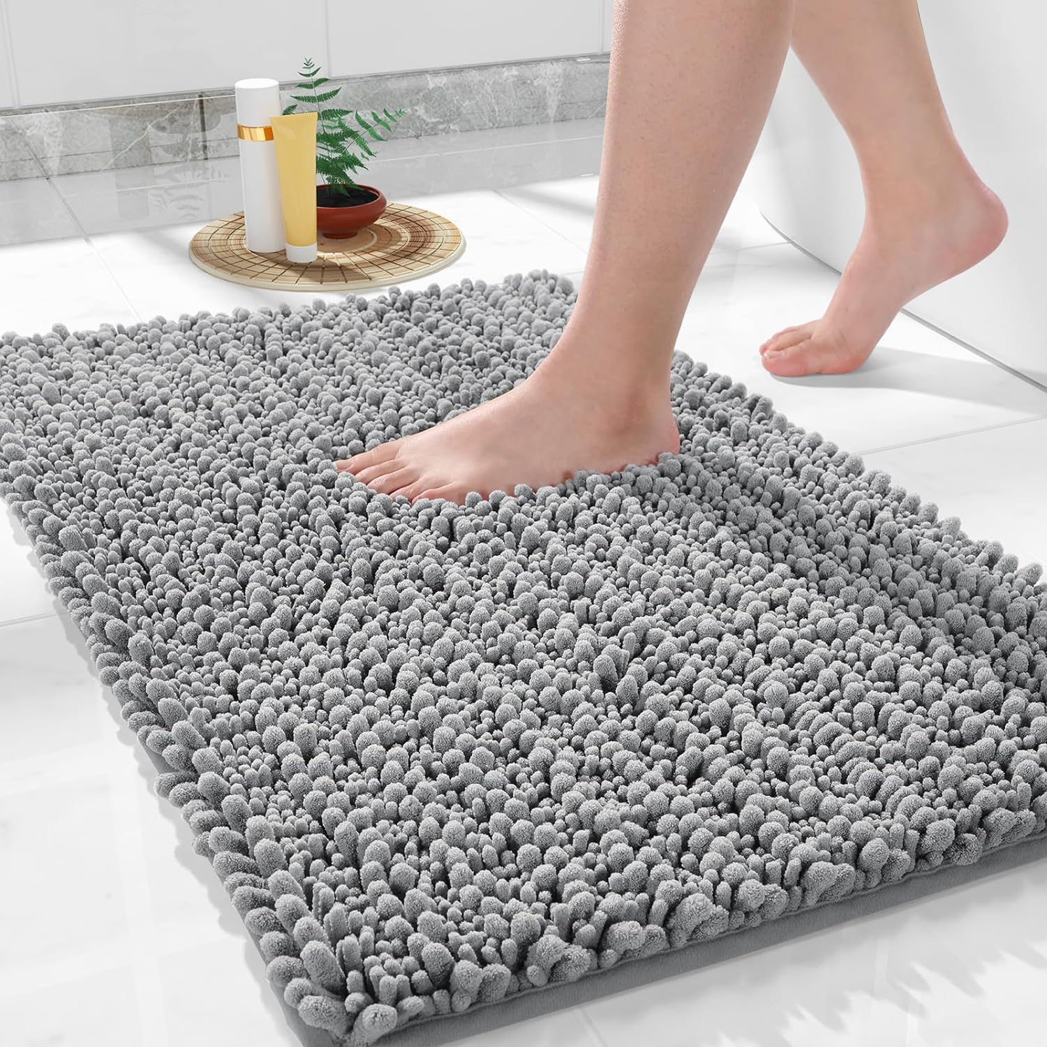 Yimobra Rest Room Rug Mat, 24” X 17”, Luxurious Chenille Shaggy Bathtub Rugs, Residue Comfortable & Thick, Absorbent Aqua, Non-Slip, Gadget Washer-Friendly, Bathtub Mats For Bathtub Ground,Bath And Bathe, Grey